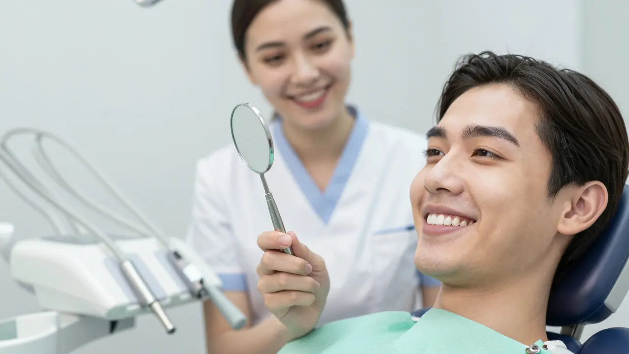 Zářivý a čistý úsměv pacienta po profesionální hygieně v ordinaci.