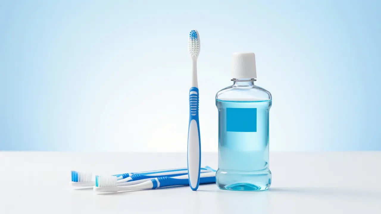 Zubní kartáček, mezizubní kartáčky a ústní voda na bílém pozadí.