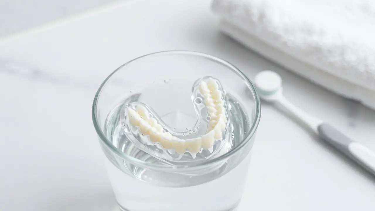 Zubní protéza v čisté sklenici s vodou během procesu čištění.