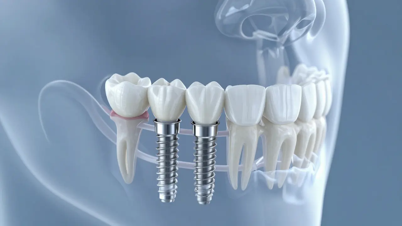 Anatomický průřez čelisti ukazující implantáty a keramické korunky