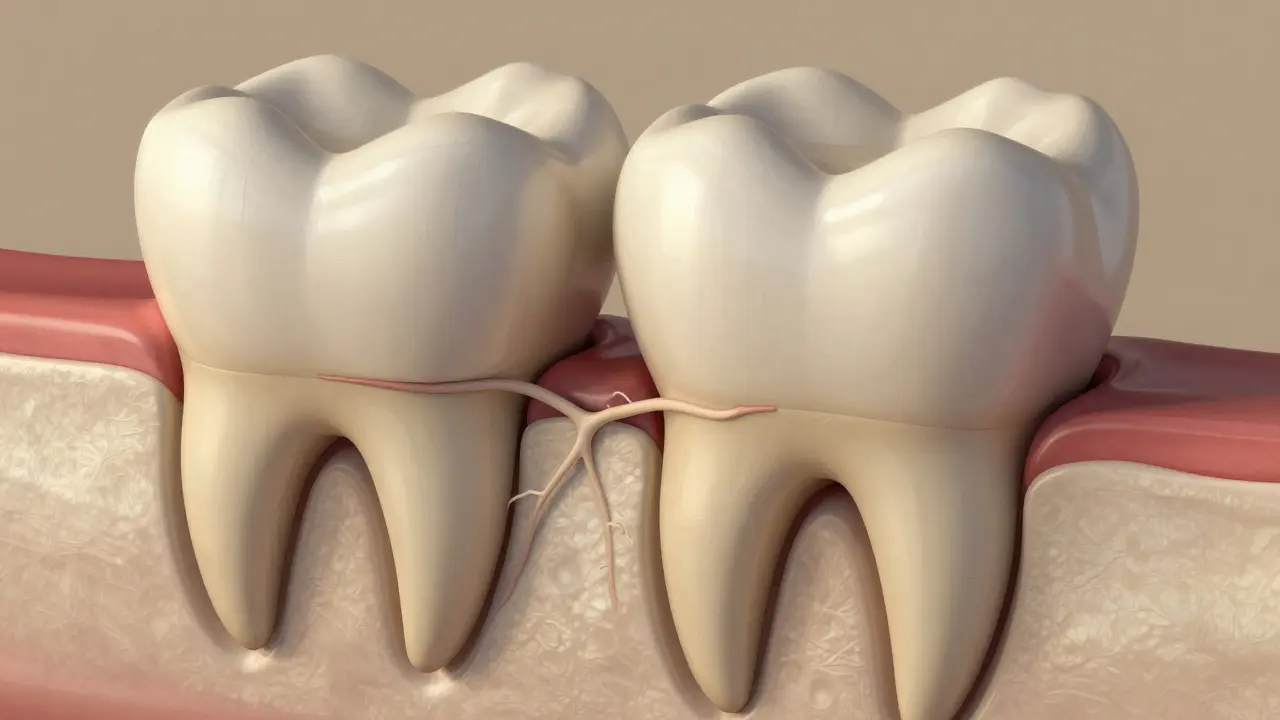 Anatomický průřez molárem zobrazující hluboké rýhy a kořeny v čelisti