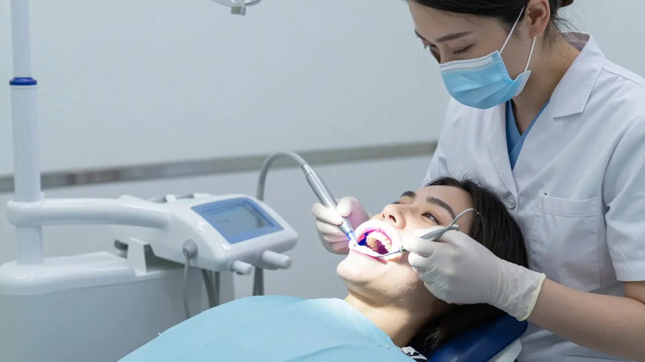 Dentista aplikuje bělicí gel na zuby pacienta v moderní ordinaci.