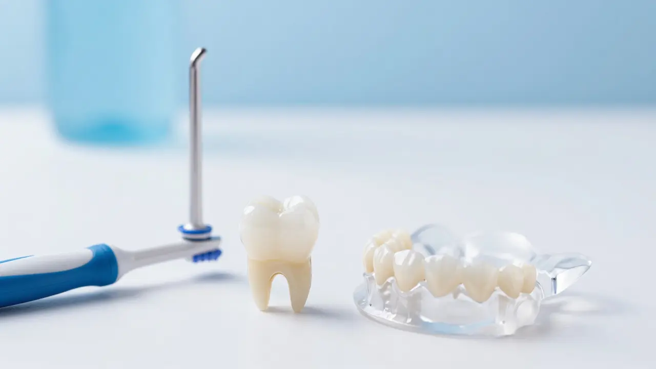 Keramická fazeta vedle hygienických pomůcek a chráničky