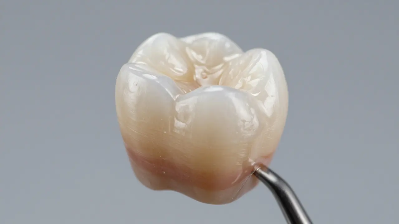 Makro záběr keramického materiálu ukazující přirozenou průsvitnost a lesk zubů.