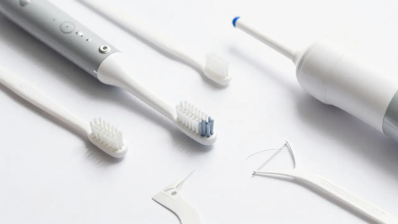 Nástroje pro ústní hygienu: kartáček, mezizubní kartáčky a irigátor