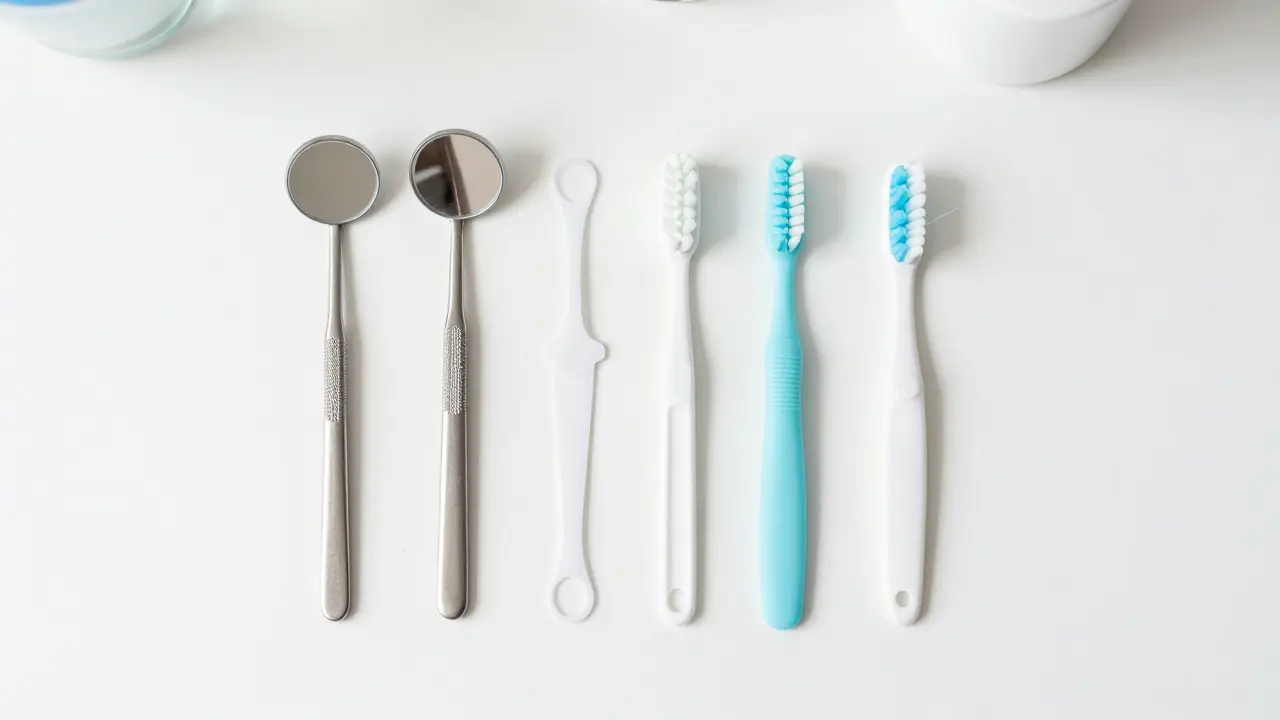 Různé typy dentálních zrcátek a pomůcek na stolici