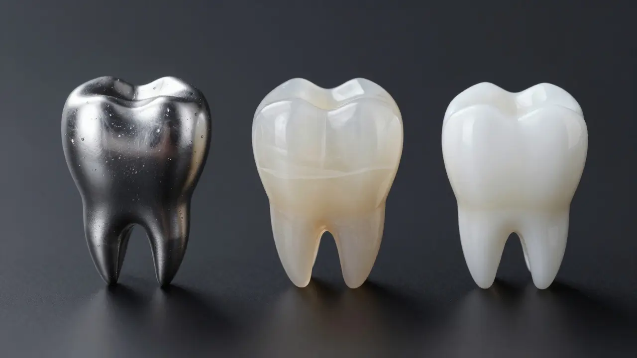 Srovnání materiálů plomb: amalgam, kompozit a keramika na tmavém podkladu