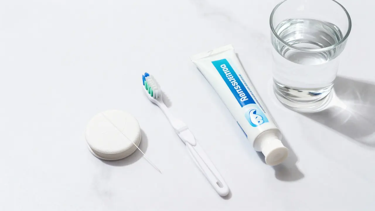 Dentální niť a mezizubní kartáček na bílém mramoru