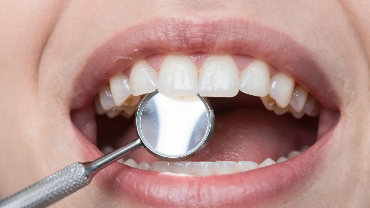 Detailní pohled na zuby a dásně prostřednictvím dentálního zrcátka