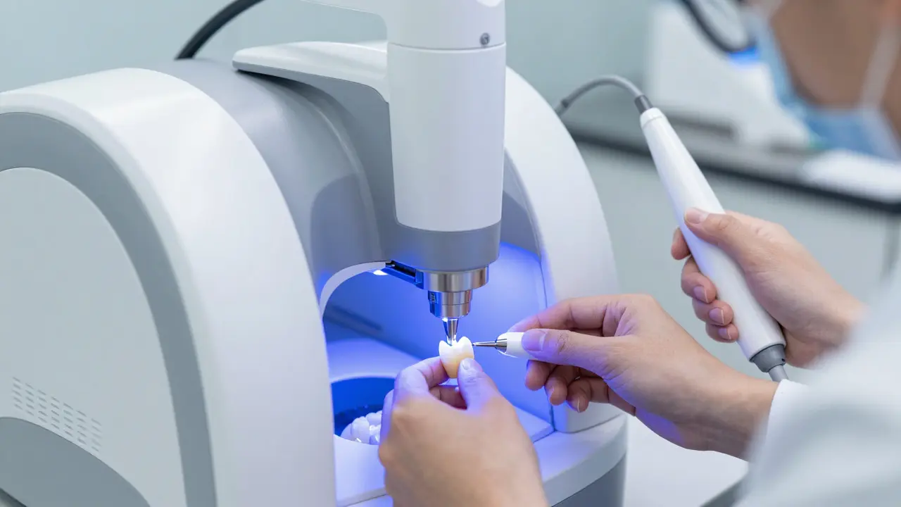 Digitální fréza tvaruje keramický blok v moderní zubní laboratoři