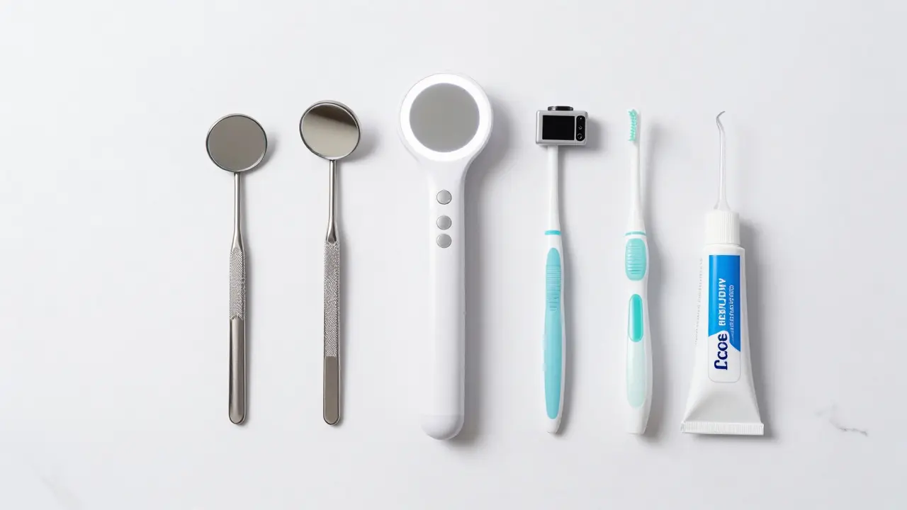 Různé typy dentálních zrcátek a hygienických pomůcek