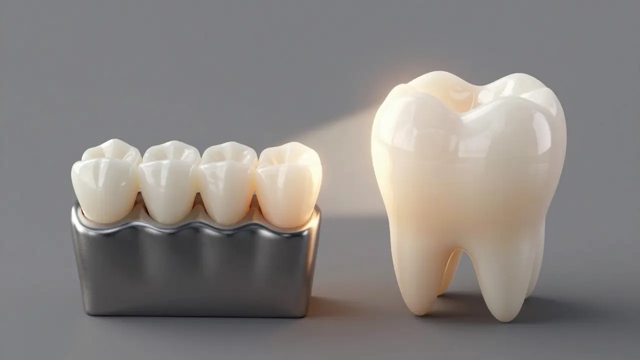3D vizualizace průřezu korunek ukazující rozdíl v materiálu a světelnosti