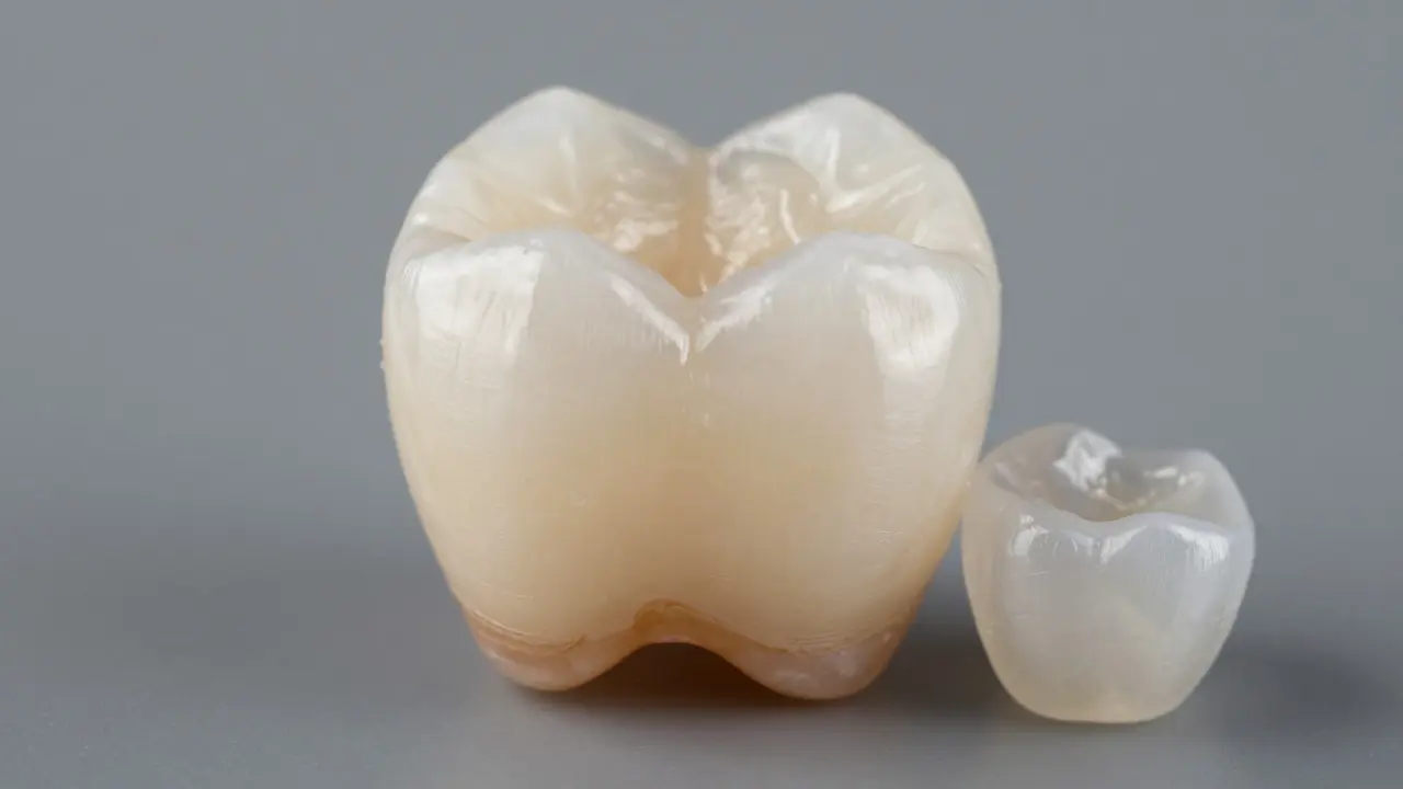 Detailní záběr zubu a keramického plátku ukazující přirozený vzhled materiálu