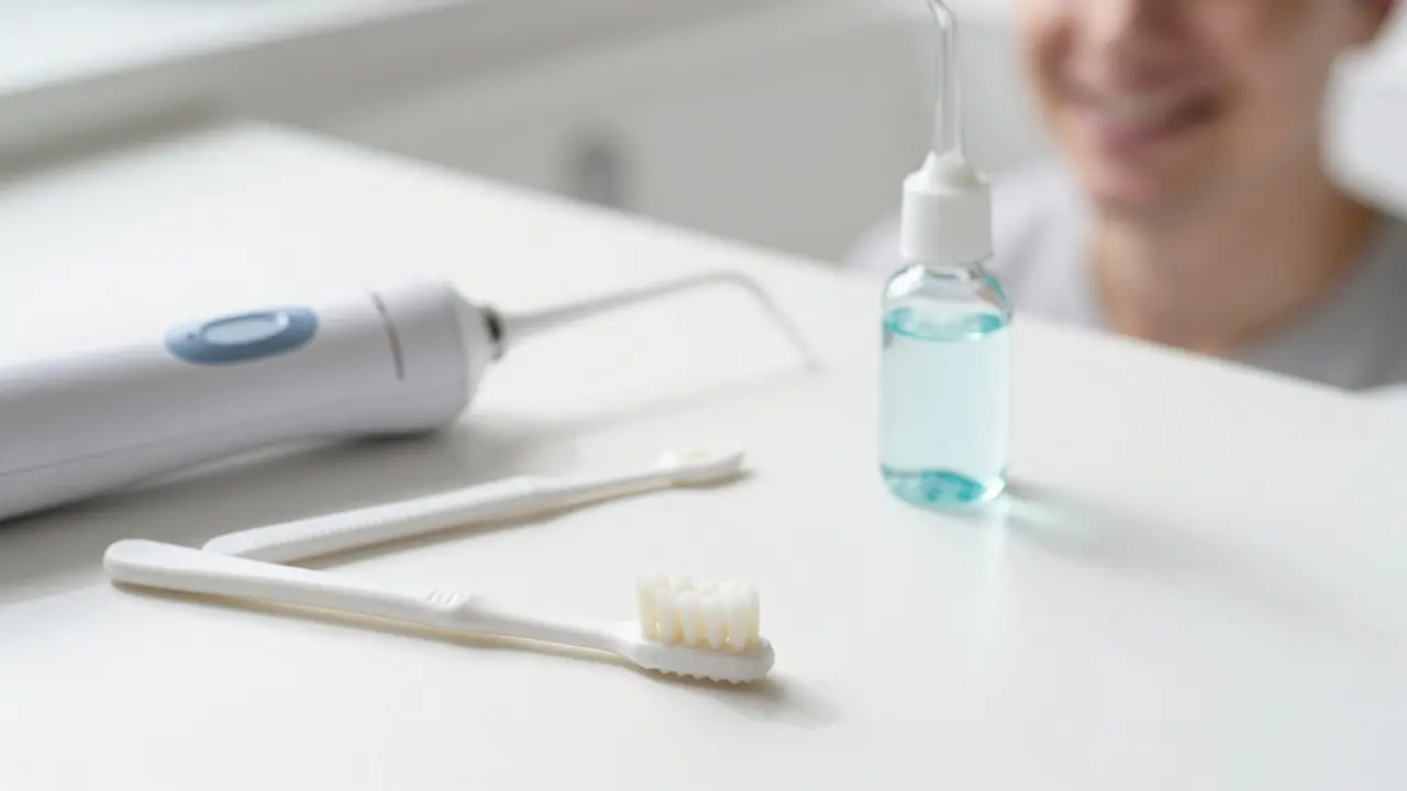 Hygienické pomůcky pro čištění zadních zubů, včetně irigátoru
