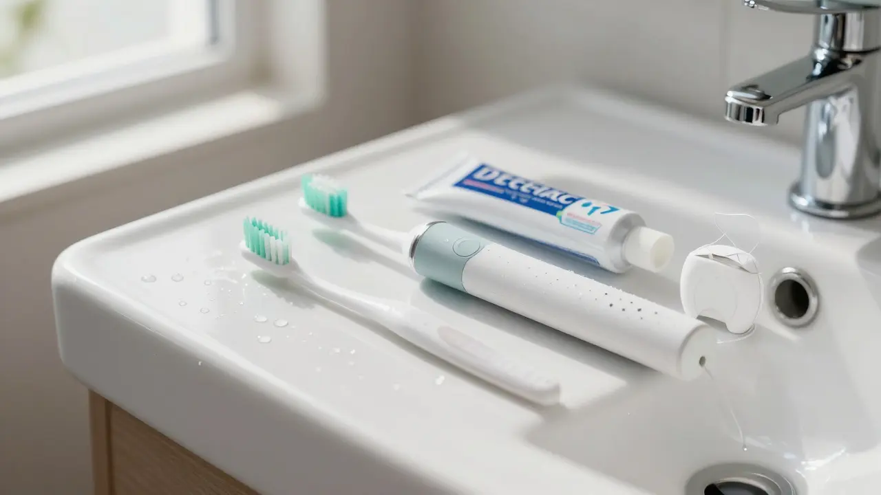 Hygienické potřeby na umyvadle: kartáček, pasta a nit pro prevenci kazu