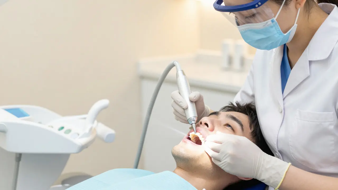 Hygienista čistí zuby ultrazvukovým škálerem