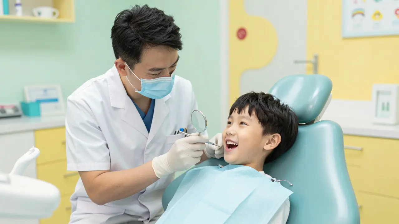 Pediatrický zubař vyšetřuje úsměvné dítě ve světlé ordinaci