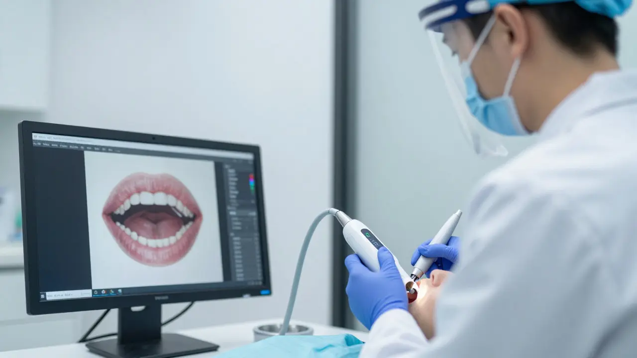 Zubní lékař používá digitální skener pro návrh úsměvu v ordinaci