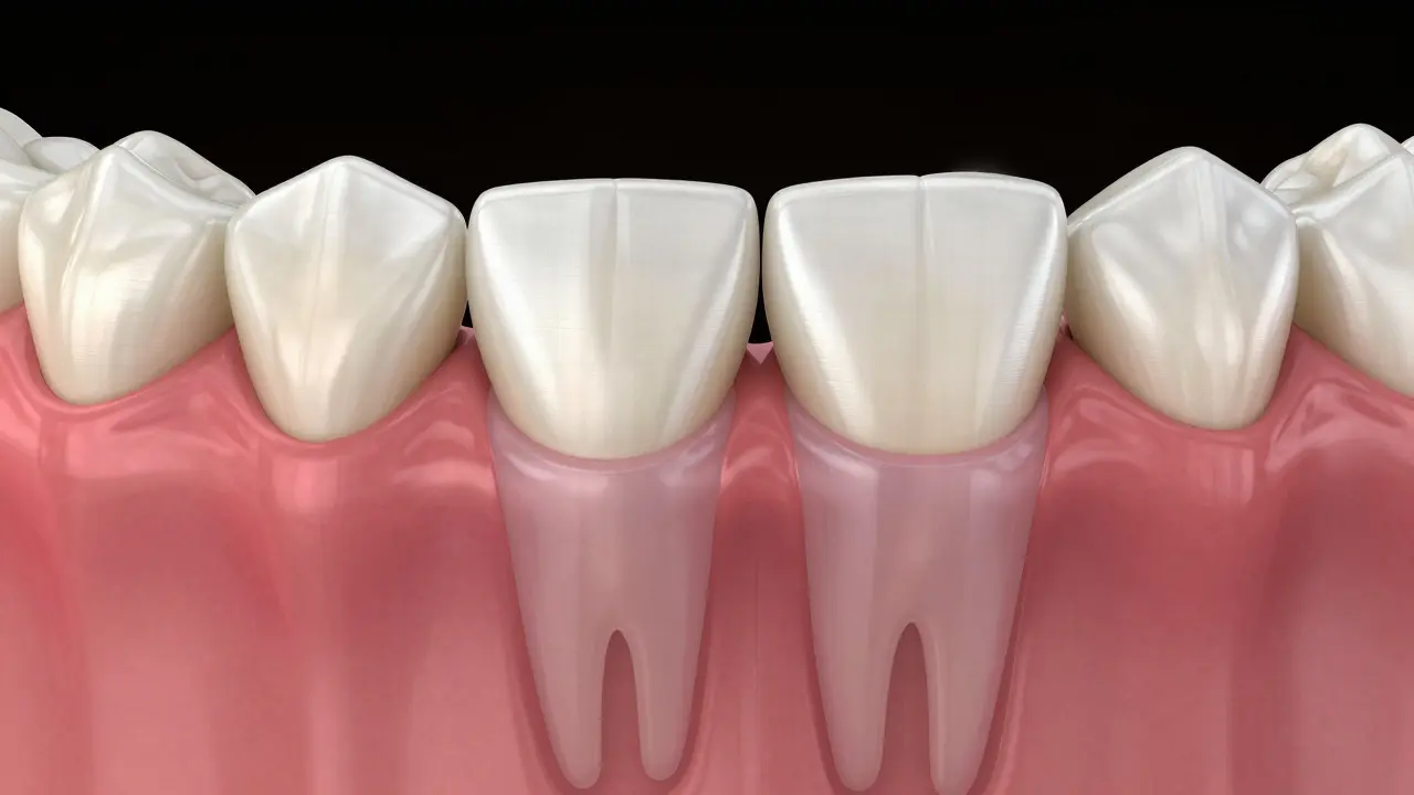 3D vizualizace mezer mezi zuby způsobených úbytkem dásní a kosti
