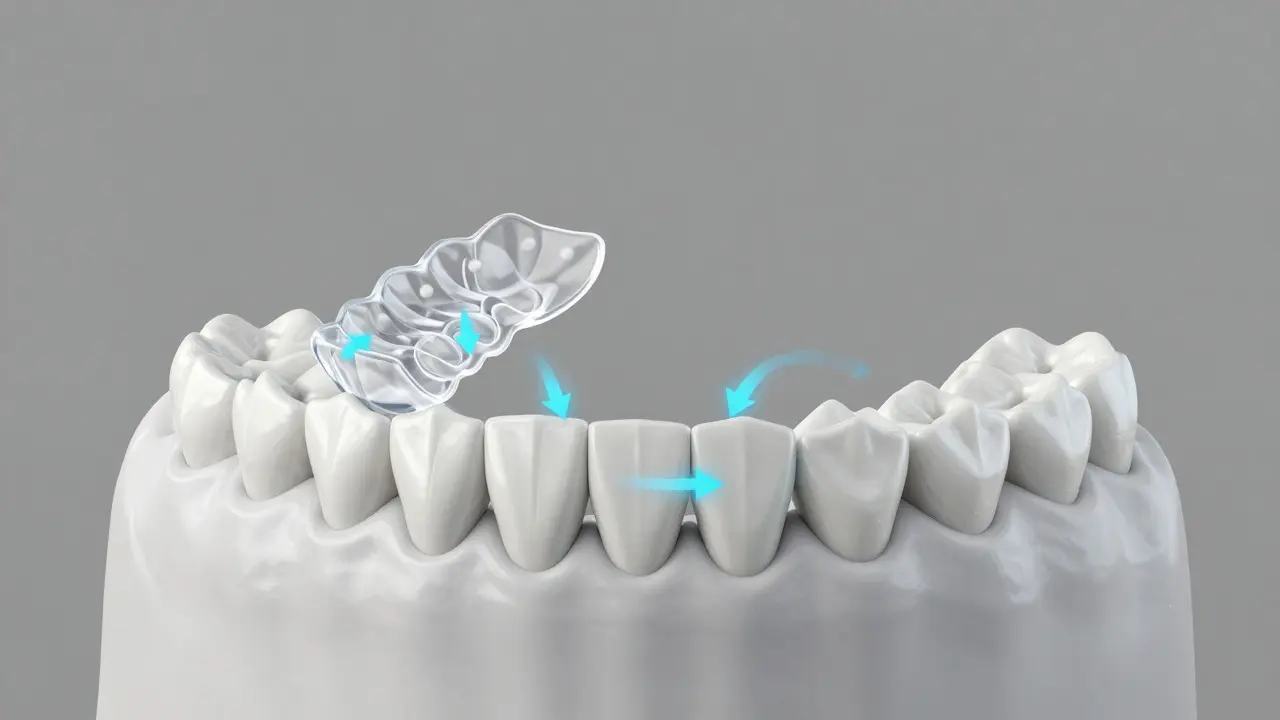 3D vizualizace pohybu zubů pomocí tlaku průhledných krytů a příchytek