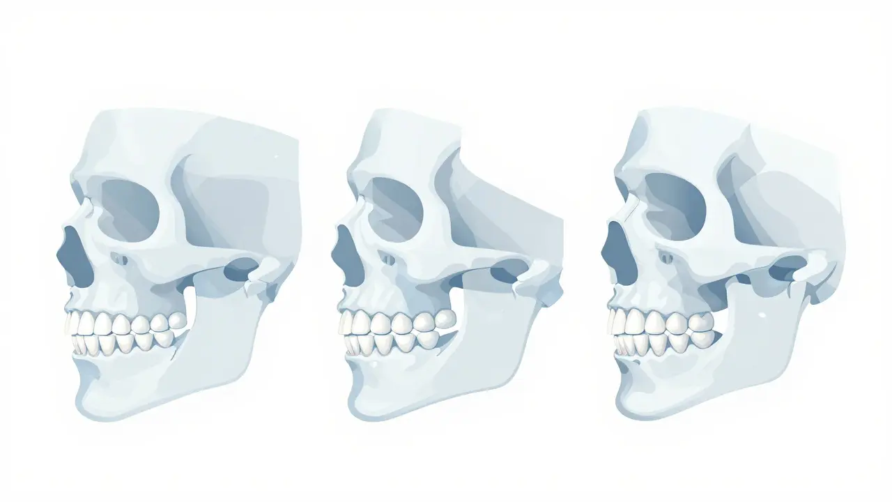 Anatomická ilustrace tří typů předkusu: překryv, vypuklý a zadní skus