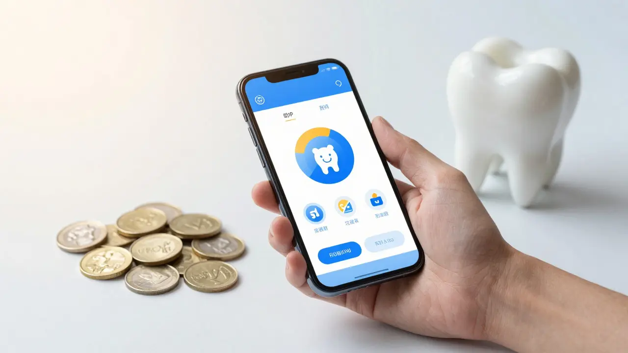 Finanční plánování pro stomatologii s mincemi a smartphonem