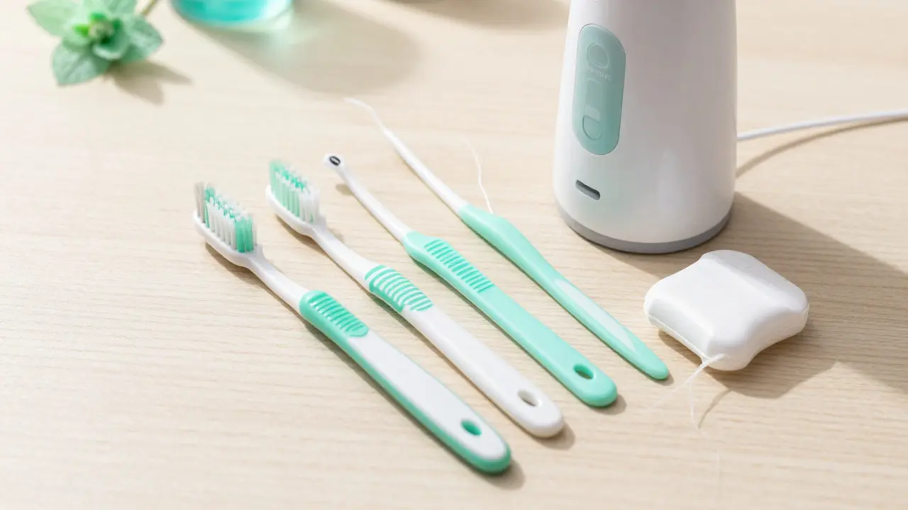 Hygienické pomůcky: kartáček, mezizubní kartáčky a nit