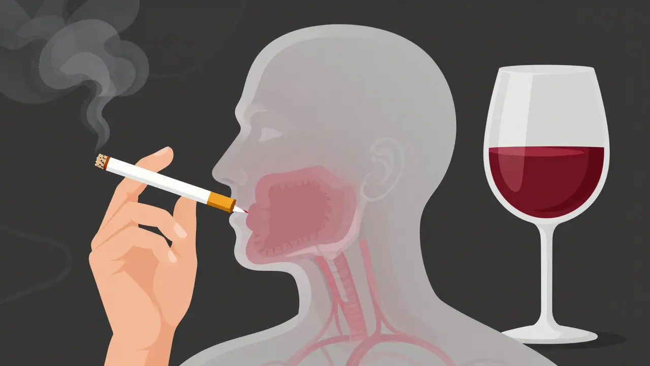 Ilustrace rizikových faktorů: kouření a alkohol ovlivňující zdraví úst