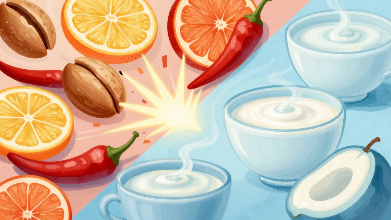 Konceptuální ilustrace srovnávající dráždivá a mírná jídla