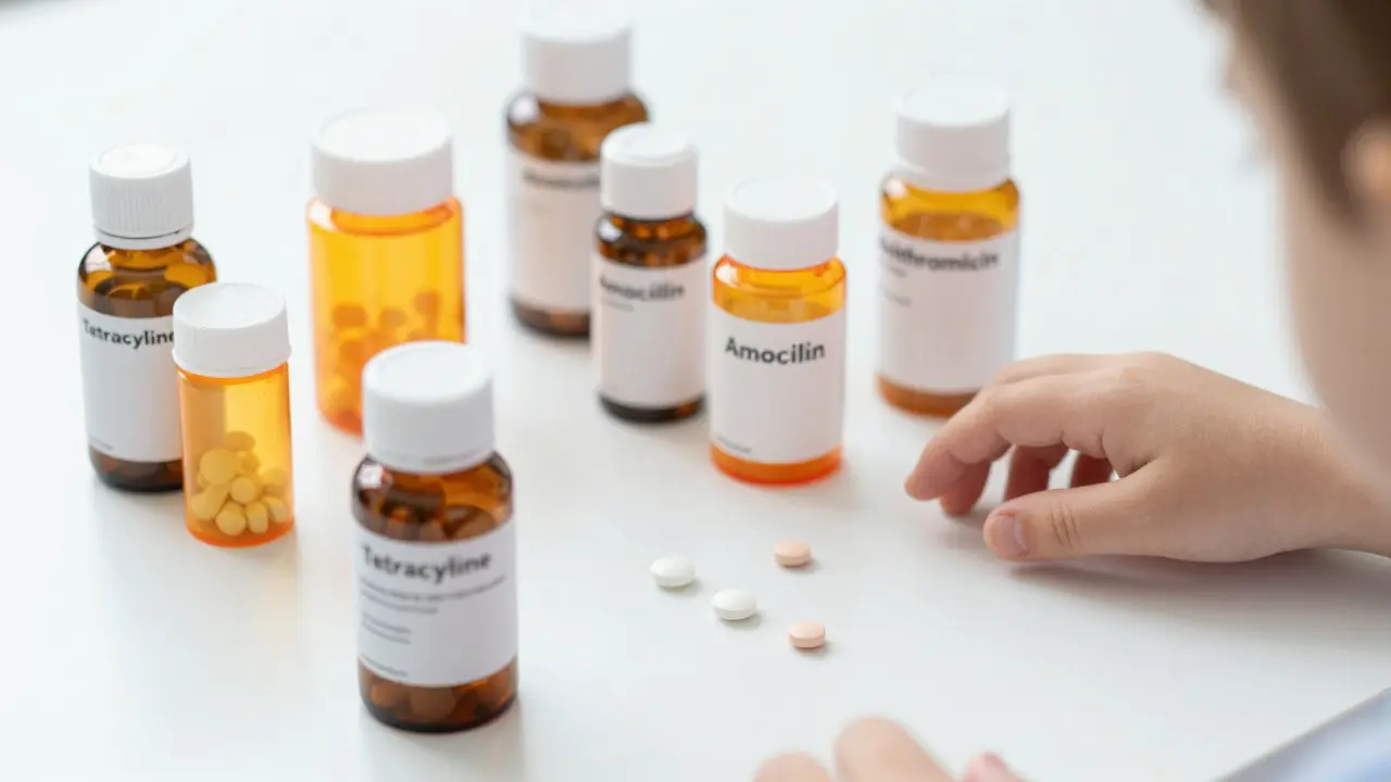 Lahvičky s antibiotiky, kde jsou bezpečné alternativy pro děti zvýrazněny světlem