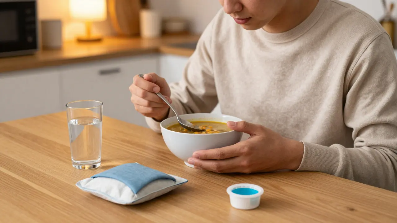 Person eating soft soup at home with an ice pack nearby