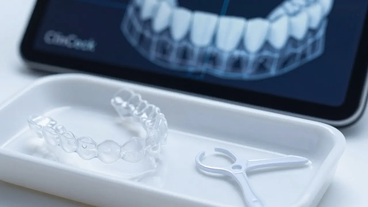Průhledné Invisalign alignery na bílém podnose s nástrojem pro nasazení