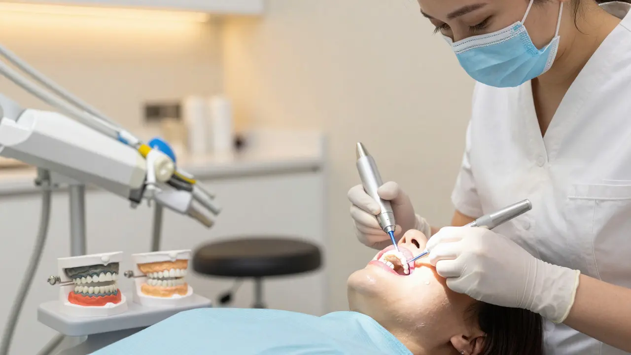 Zubní lékař provádí estetickou úpravu zubů, vedle jsou modely před a po léčbě