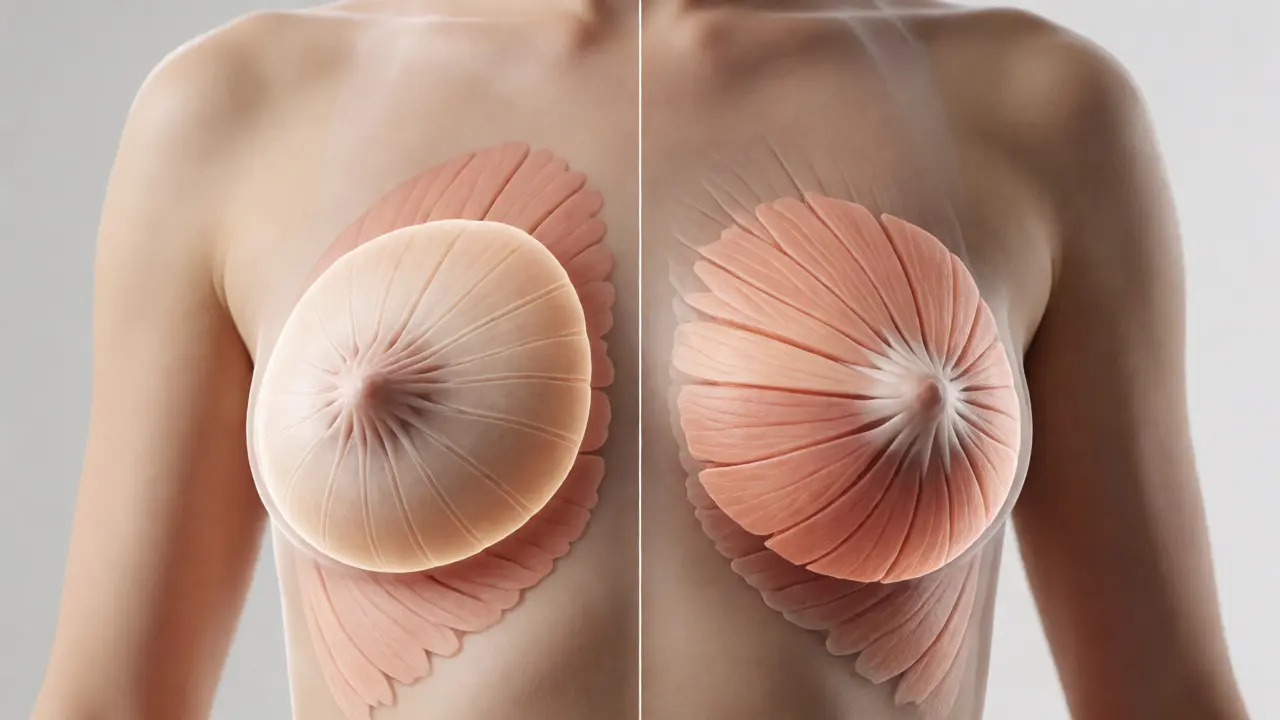 Anatomické znázornění umístění implantátu pod žlázu versus pod sval pro porovnání bolesti.