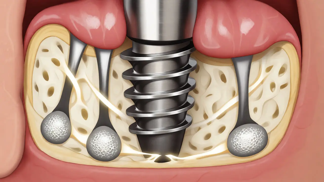 Anatomický řez čelistí s integrujícím se titanovým implantátem