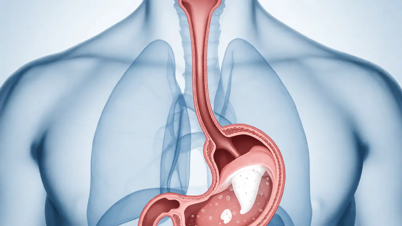 Anatomický řez trávicím traktem s polknutým zubem v žaludku