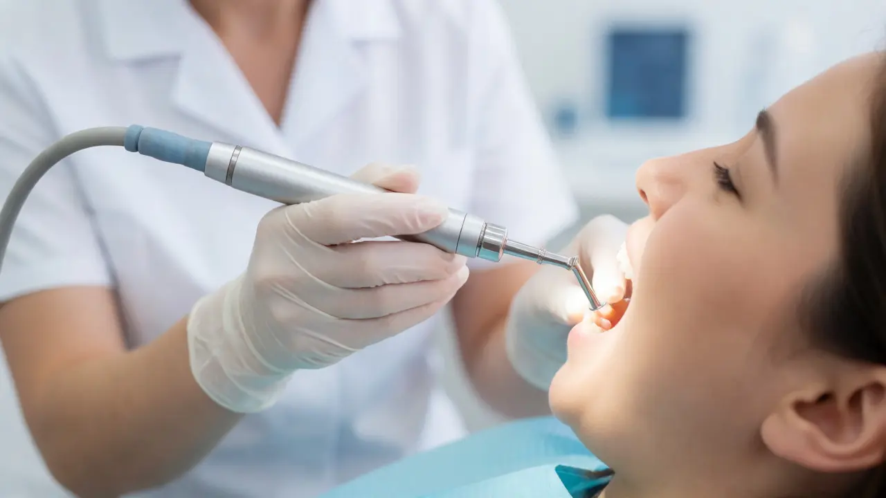 Dentální hygienistka odstraňuje plak ultrazvukem