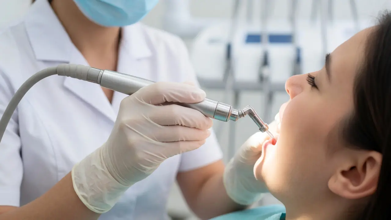 Dentista odstraňuje černý kámen ultrazvukovým přístrojem