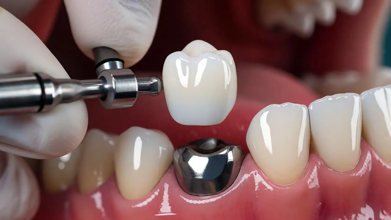 Detailní nasazování keramické korunky na zubní implantát
