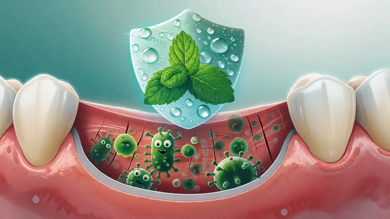 Ilustrace bakterií v mikroškrábancích na povrchu zubní protézy.