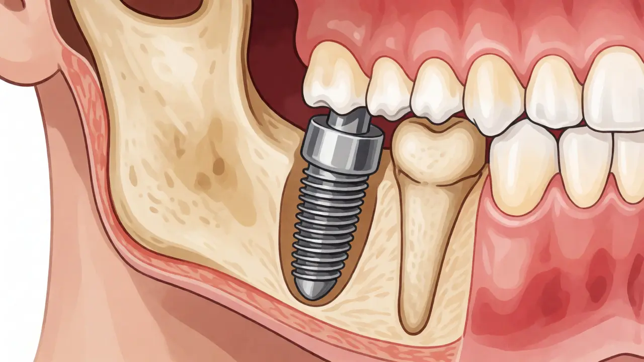 Ilustrace zubního implantátu integrovaného do čelistní kosti