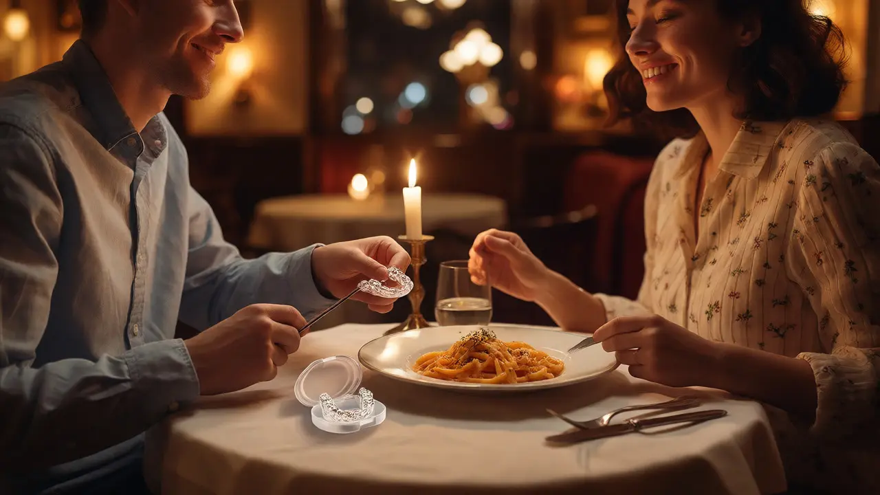 Pár na rande v restauraci, jeden sundal průhledná rovnátka před jídlem měkkých těstovin.