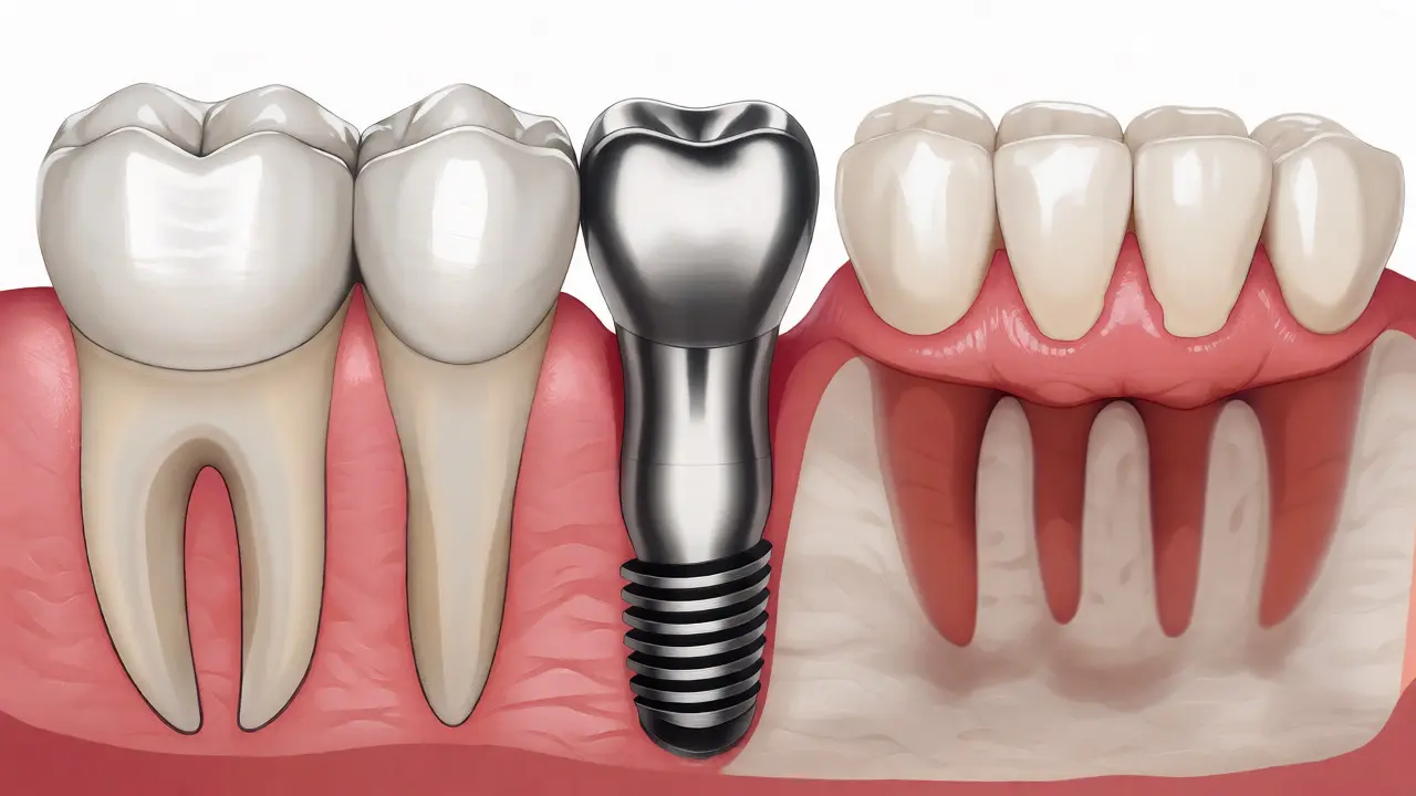 Porovnání zubního můstku, samostatného implantátu a výměnku.