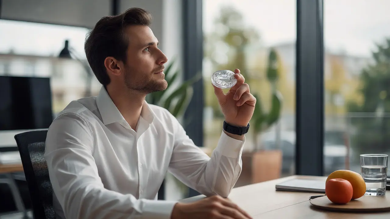 Profesionál drží průhledné rovnátko Invisalign v kanceláři, což ilustruje diskrétnost léčby.