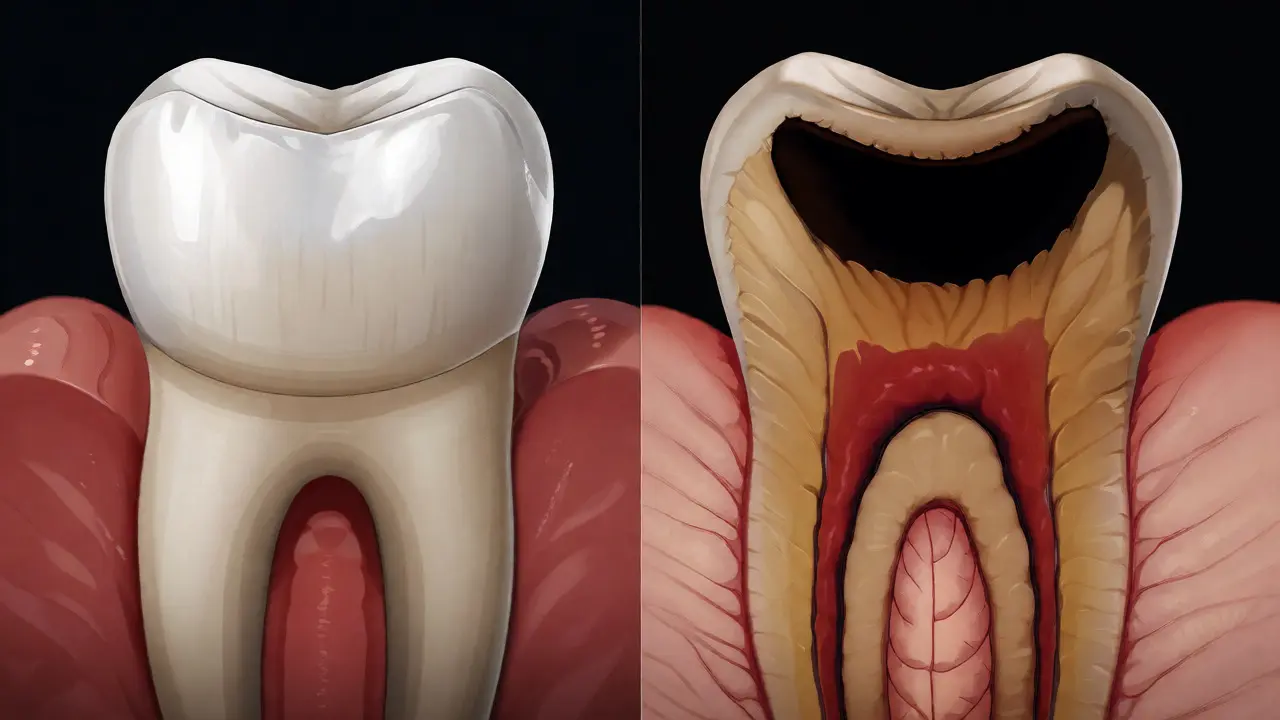 Řez zdravým zubem a zubem s pokročilým kazem do dentinu