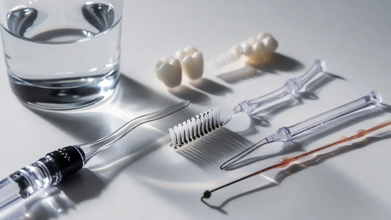 Sada nástrojů pro mezizubní hygienu: irigátor, mezizubní kartáčky a nit.