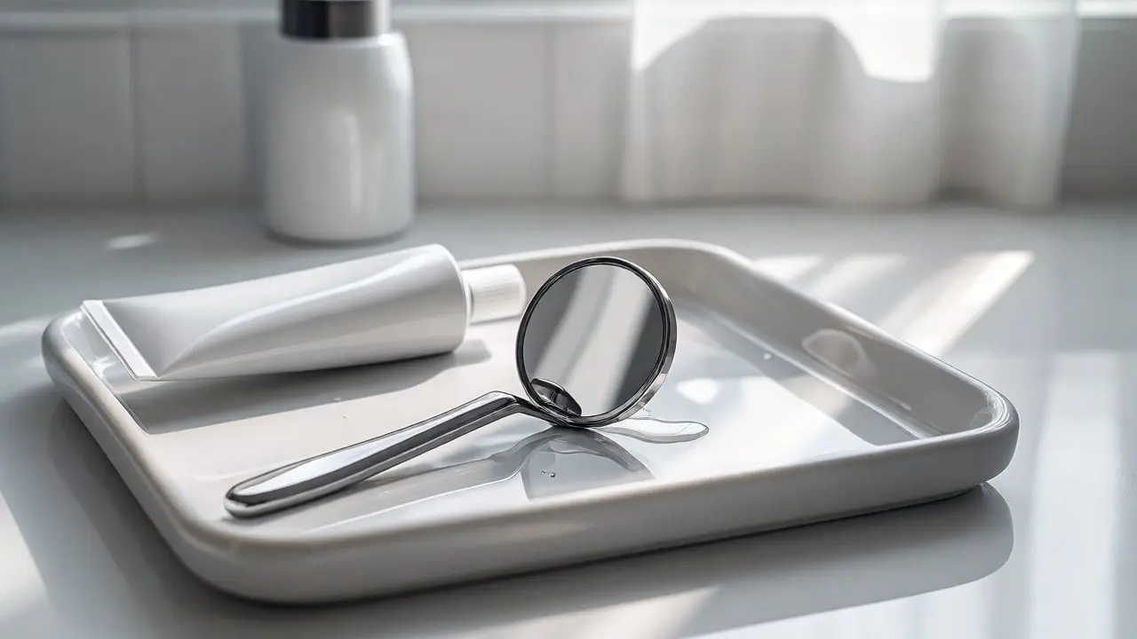 Stainless steel dental mirror on a clean tray in bright morning light