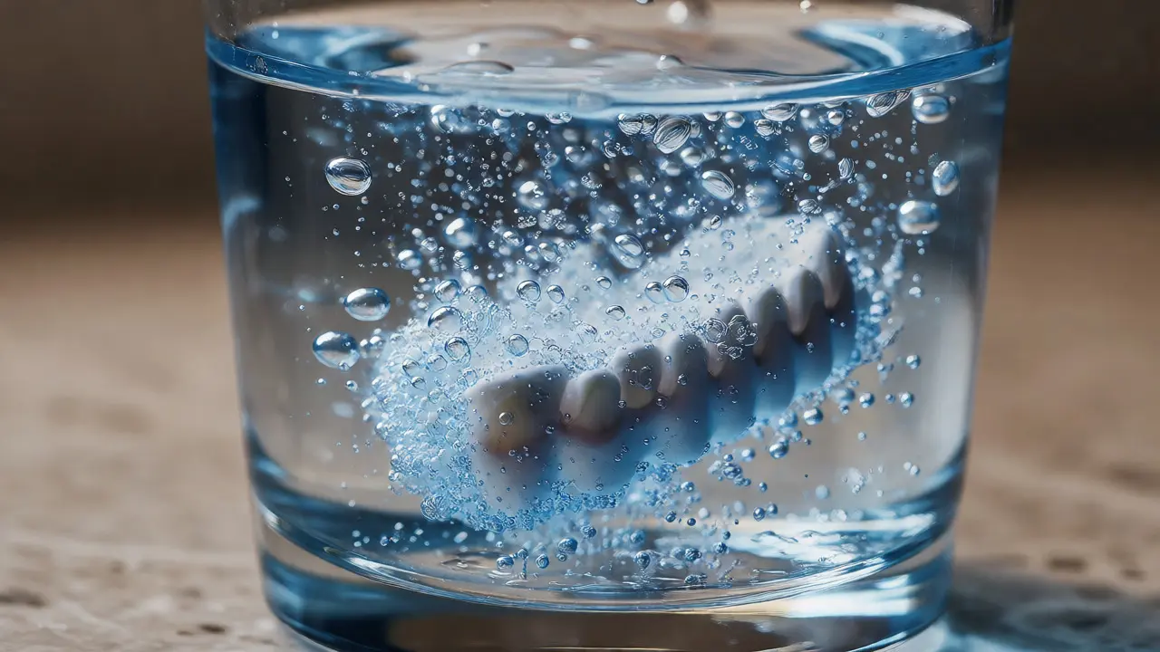 Šumivá tableta se rozpouští ve vodě s ponořenou zubní protézou.