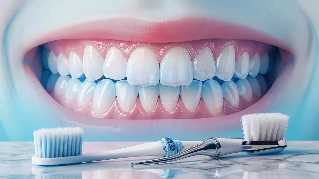 Zdravý úsměv po ortodontické léčbě s nástroji pro ústní hygienu v pozadí.