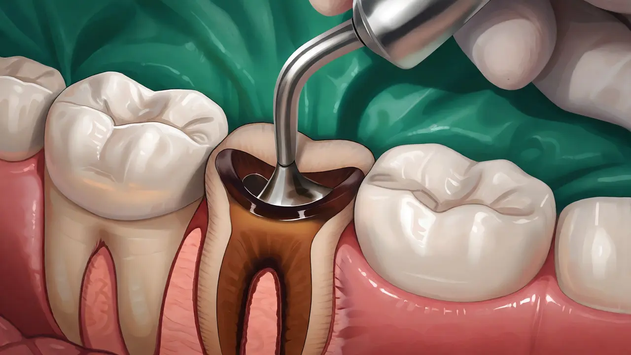 Zubní ošetření s použitím koferdamu a odstraňováním kazu z dentinu rotačním nástrojem.
